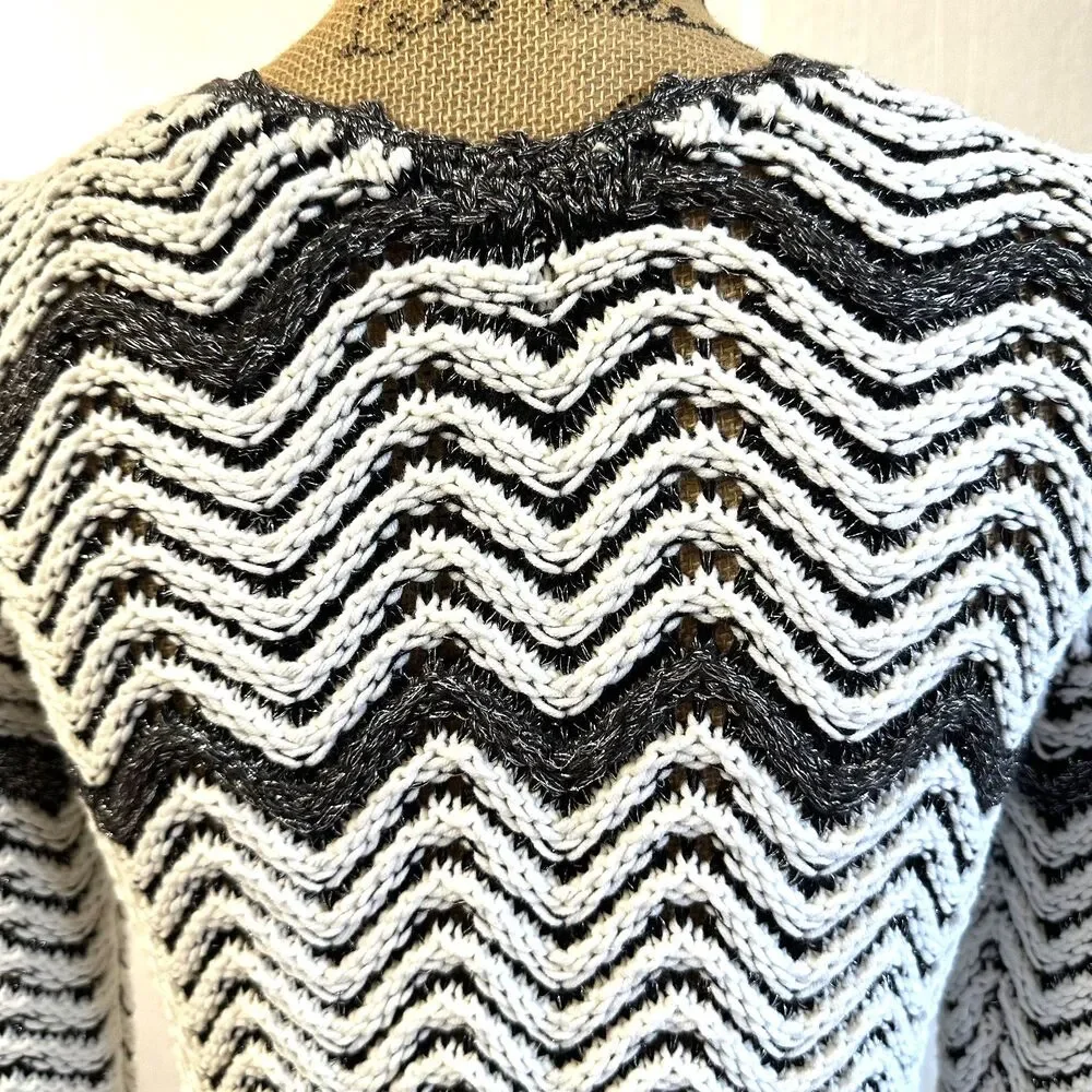 Etcetera Women's Black White Chevron Knit Cotton Blend Long Sleeve Sweater Sz M